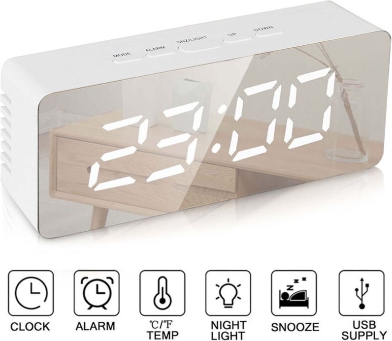 Elektrischer Wecker, moderner tragbarer, batteriebetriebener Spiegelwecker, großes digitales LED-Display, multifunktiona...