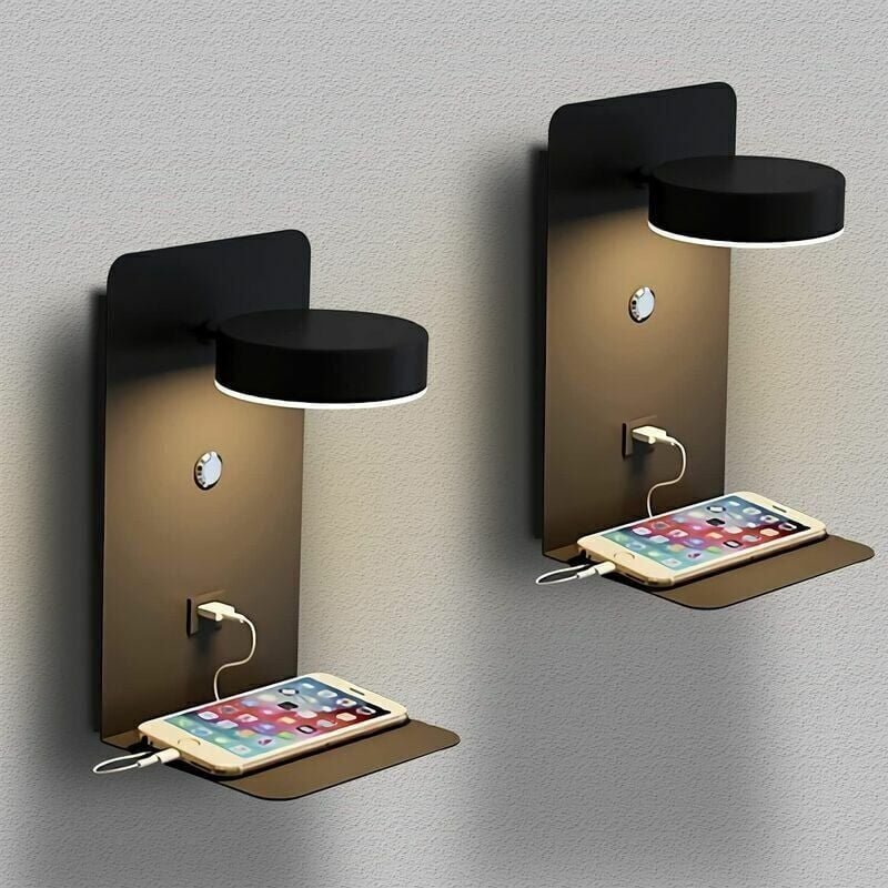 Thumbnail - 2 Stück LED-Innenwandleuchte mit USB-Anschluss, 12 w, dreifarbig, dimmbar, moderne Wandleuchte mit Schalter, Wand-Lesela...