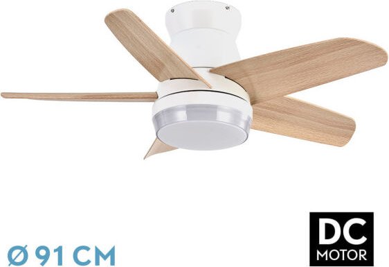 ABRILA - Ventilator DC NEUTRON Farbe Weiß mit fünf Flügeln in Buche Farbe mit 6 einstellbaren Geschwindigkeiten mit 3 Te...