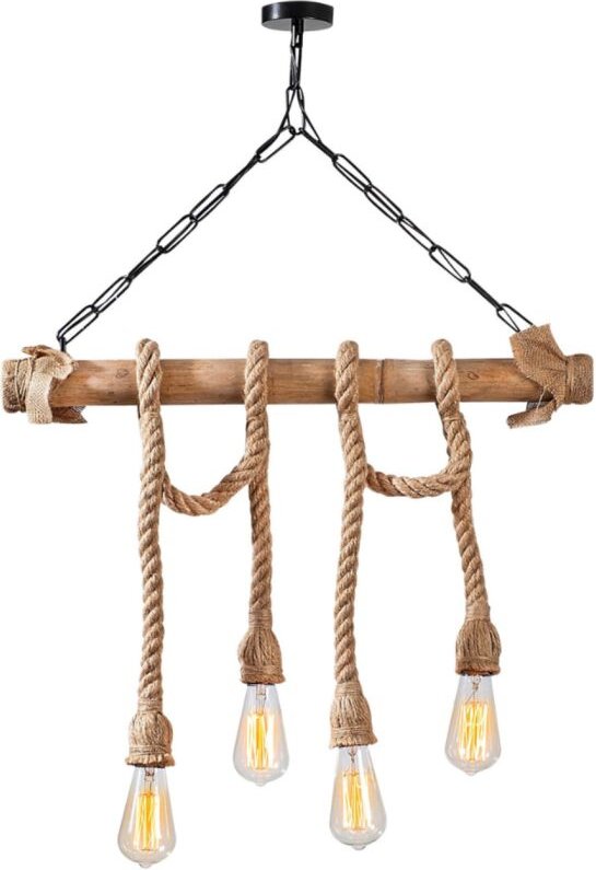 Concept-usine - Rustikale Drahtaufhängung mit 4 Lampen aus Seilen und Holz loane