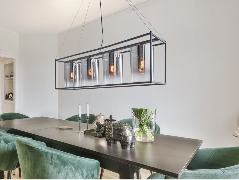 Led Pendelleuchte 4-flammig lang Schwarz mit Rauchglas, Breite 115cm