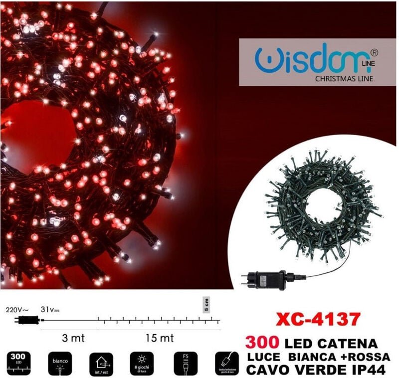 Trade Shop Traesio - Trade Shop - lichterkette 300 led lichter glühwürmchen weiss + rotes licht grünes kabel IP44 XC-413...