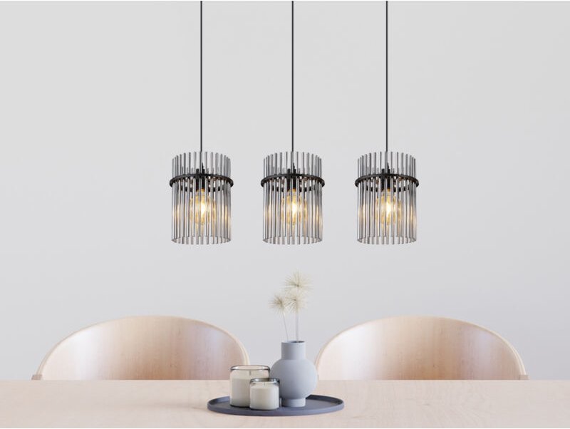 Led Pendelleuchte 3-flammig mit Rauchglas Stäben, Breite 80cm