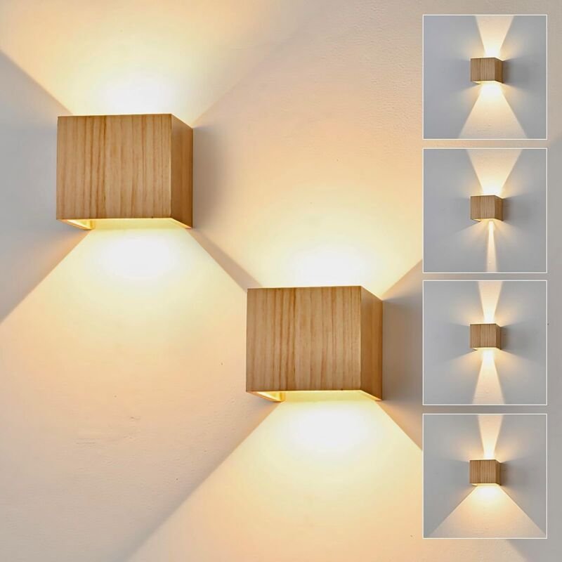 LED Wandleuchte Innen Holz Wandlampe, Wandleuchte Holz Vintage 6W LED Wand Warmweiß 3000K Weiß Up Down Flurlampe Einstel...