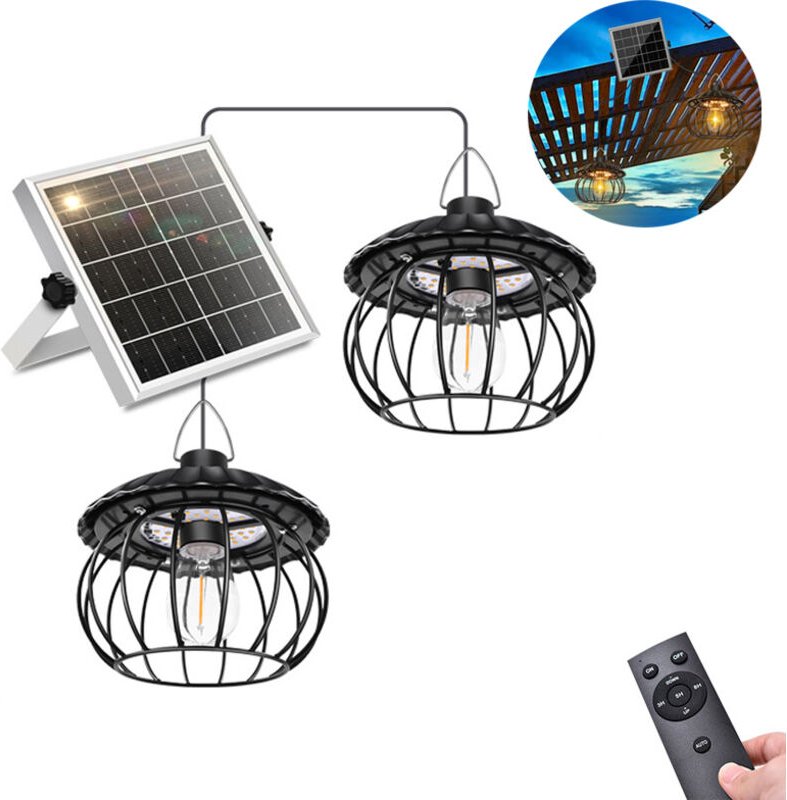 Doppelköpfige Solar-Pendelleuchte mit Fernbedienung, dimmbar, wasserdicht, geeignet für Gartenpavillons und Gärten (warm...
