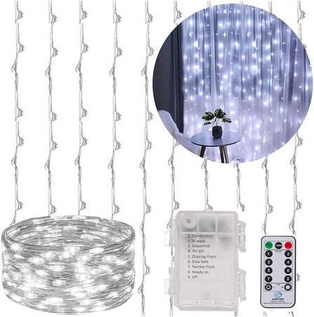 Lichtervorhang 300 kaltweiße LEDs 3 x 3 m Batteriebetrieben für Innen und Außen