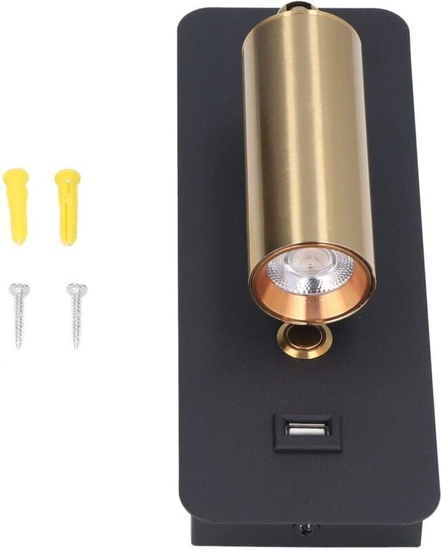 Minimalistische LED-Wandleuchte mit Schlüsselschalter, USB-Ladefunktion, Schwarz und Gold, neutrales Licht, Wandleuchten