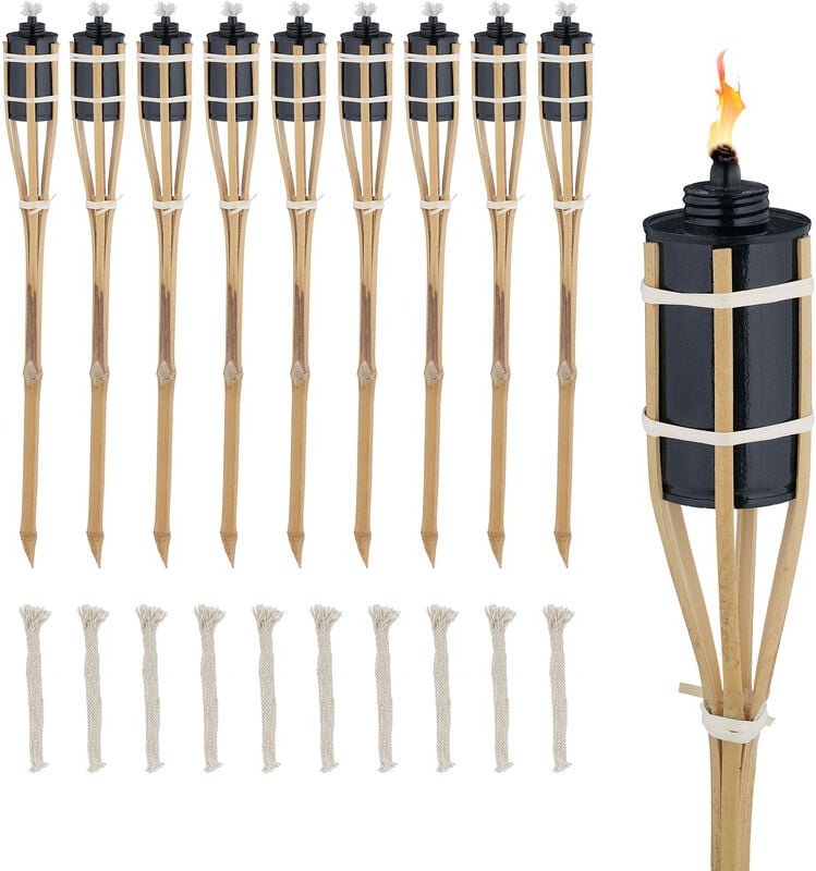 Relaxdays Gartenfackeln für draußen, 10er Set, 60 cm, Bambusfackeln Gartenparty Deko, Ölfackeln mit Ersatzdocht, natur