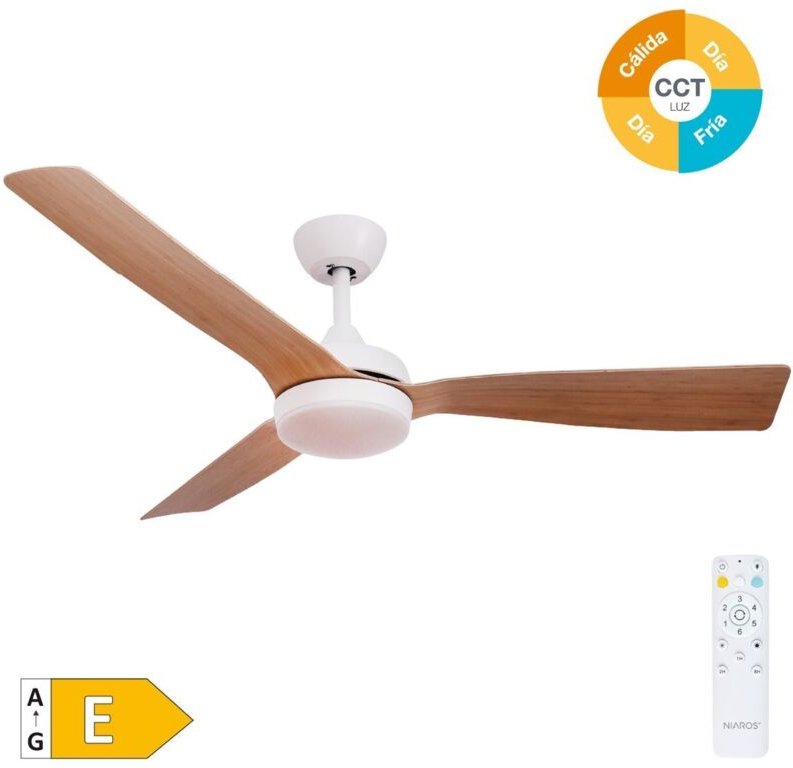 EDM - Cefalú Deckenventilator mit dimmbarem LED-Licht und Fernbedienung (48W 3CCT 1534lm) in Weiß und Holzoptik