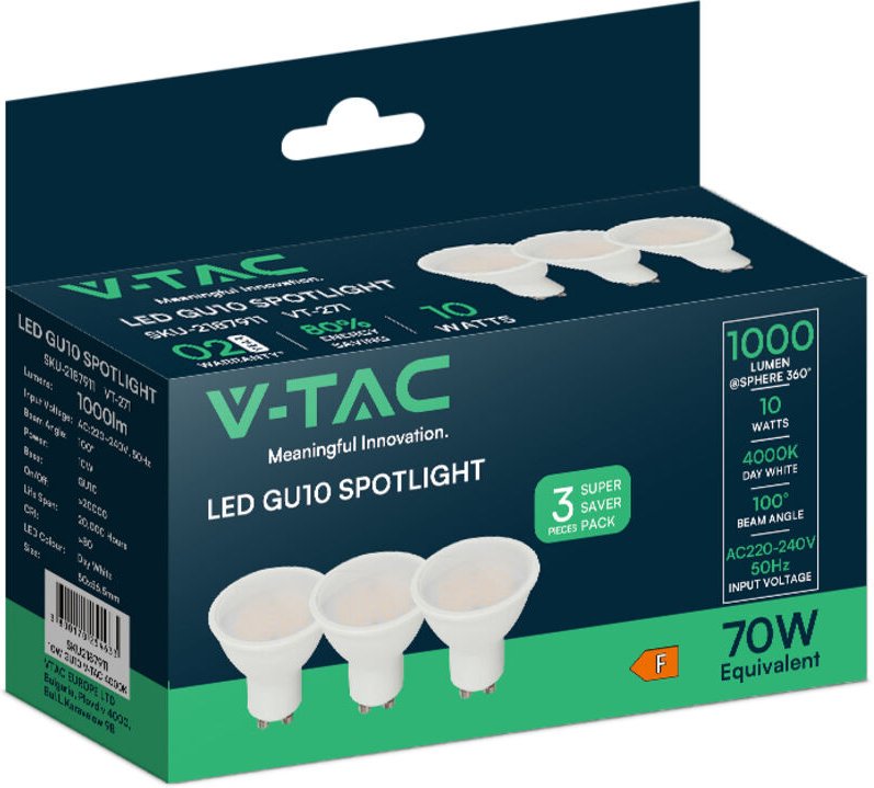 V-TAC LED-Spotlight – GU10 – IP20 – Weiß – 10 W – 1000 Lumen – 4000 K – 3er-Pack