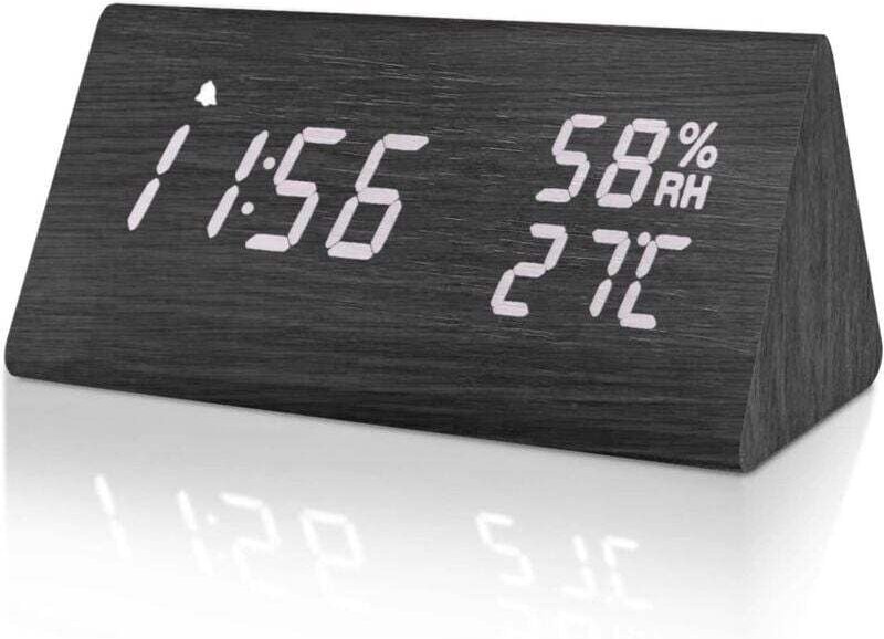 Digitaler Wecker, Wecker aus Holz mit einstellbarer Helligkeit, Schlummerfunktion, Temperatur- und Feuchtigkeitsanzeige,...