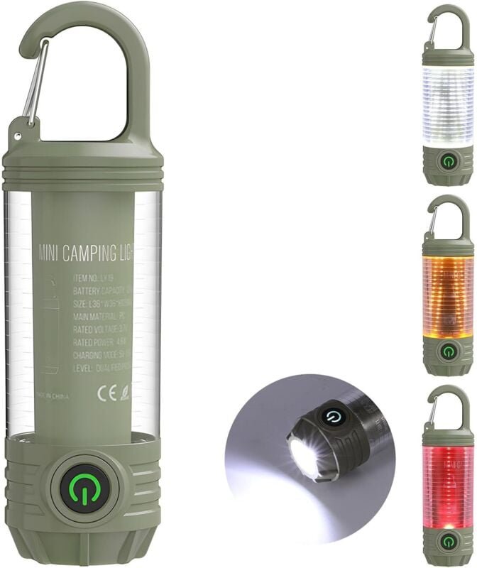 Wiederaufladbare Campinglampe mit Haken, tragbare Mini-LED-Taschenlampe, 6 Leuchtmodi, wasserdichte Notleuchte für Strom...
