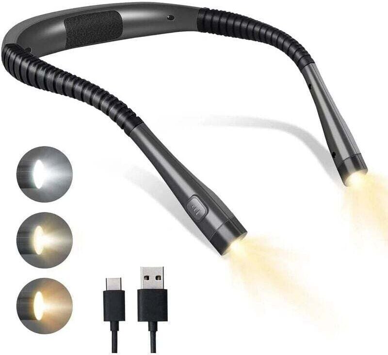 Wiederaufladbares Leselicht für den Hals, Leselampe fürs Bett, 3 Farben, 6 Helligkeitsstufen, faltbare Arme, lange Leben...