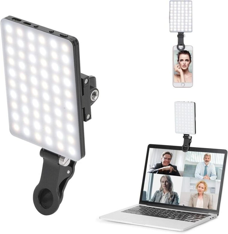 60-LED-Hochleistungs-Videoleuchte mit wiederaufladbarem Clip und Clip auf der Vorder- und Rückseite, einstellbare 3 Lich...