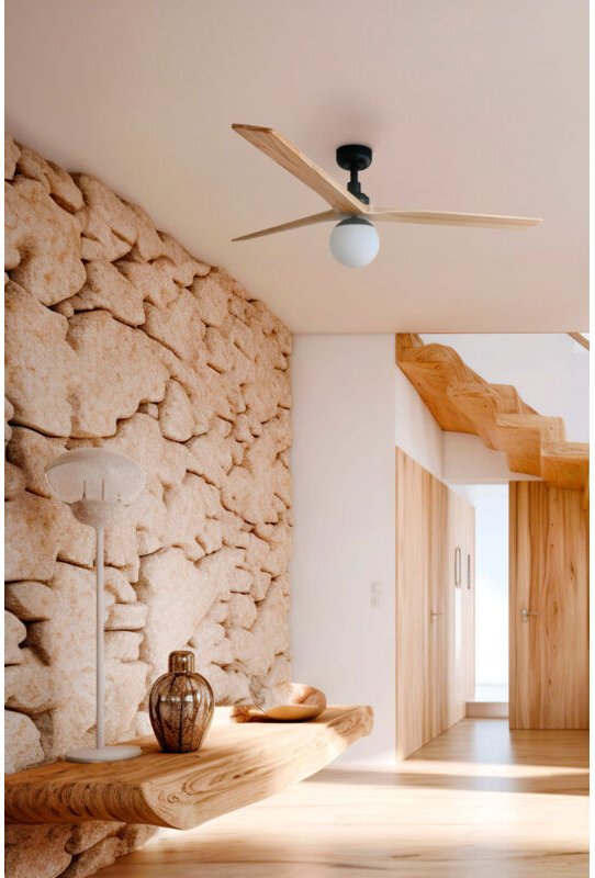 Faro Klim Mittlerer Deckenventilator mit 3 Flügeln, Mattschwarz, Kiefer, mit Licht 1x E27, Tuya Smart System