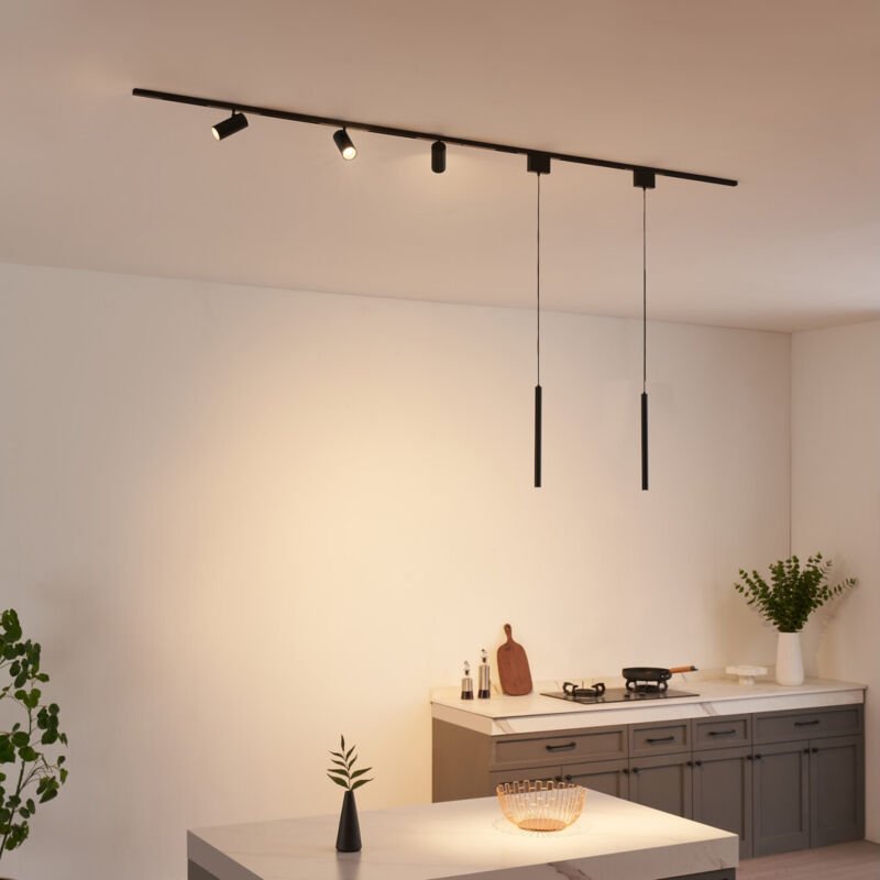 Magnetschienensystem 2 m schwarz 2 Pendelleuchten und 3 LED Spots 27W - Externer Transformator - Lyne