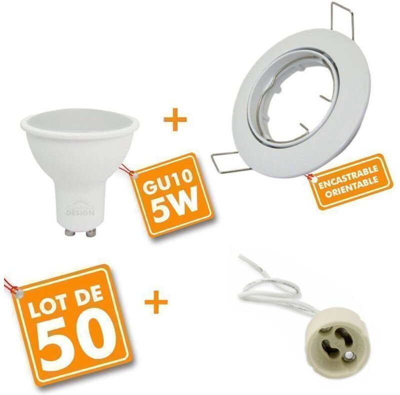 50 Kompletter weißer LED-Einbaustrahler, verstellbar mit 5 W GU10-Glühbirne, Äq. 50 W Farbtemperatur: Kaltes Weiß 6000K