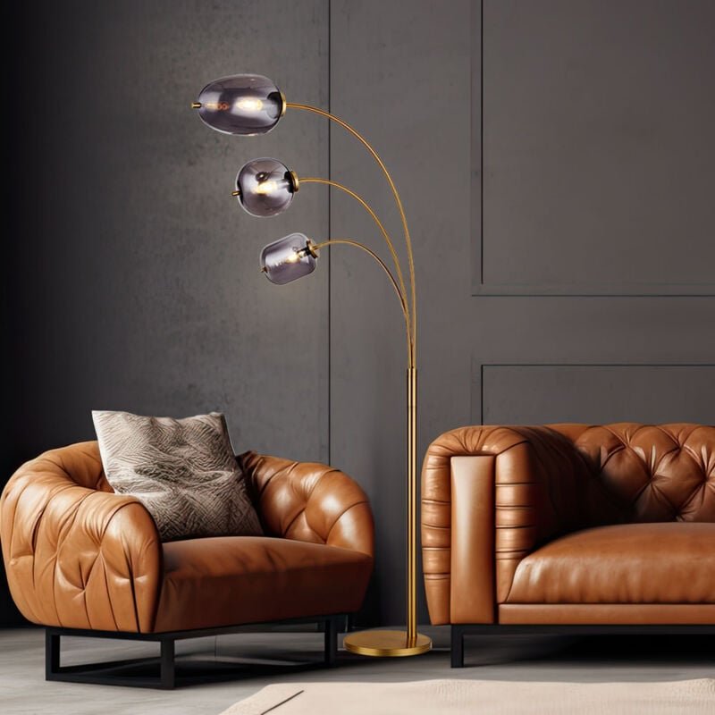 Stehlampe Bogenlampe Wohnzimmerleuchte Stehleuchte Schlafzimmerlampe, Metall Glas messing rauch, 3 Flammig E14, Fußschal...