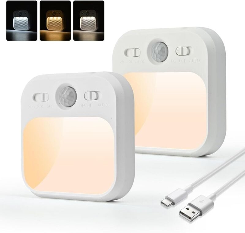 Nachtlicht mit Bewegungsmelder - 2 Stück USB-C aufladbar LED Nachtlicht Dimmbares Helligkeit Einstellbare 3 Modi (AUTO/A...