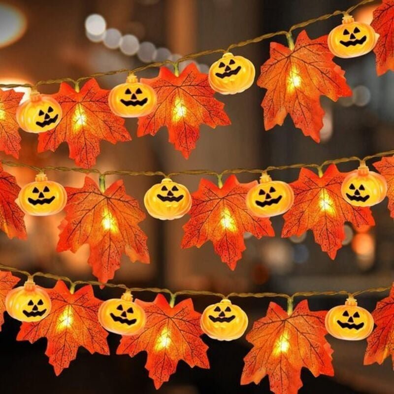 Lichterkette – 6 m, 40 LEDs – Ahornblatt- und Kürbisdekoration – Halloween – Erntedankfest – Schutzart IP42 – Batteriebe...