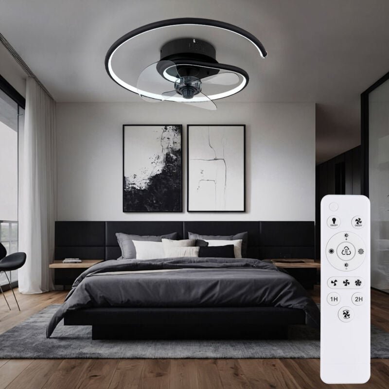 Deckenventilator Deckenlampe Wohnzimmerleuchte Schlafzimmerlampe Raumlüfter Ventilator, Metall schwarz Alu, dimmbar Fern...