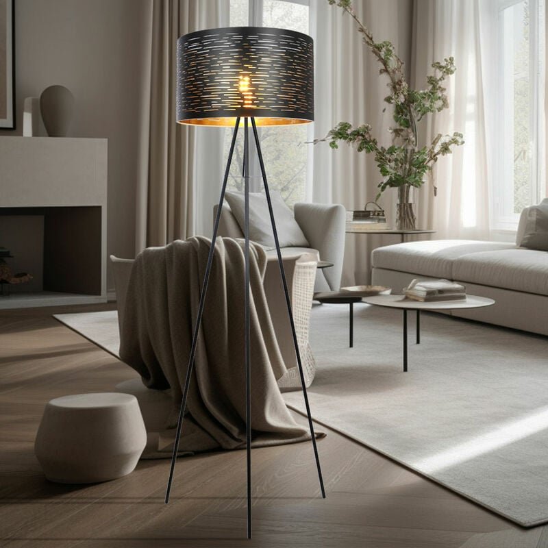 Stehlampe 3-Bein Wohnzimmerlampe Stehleuchte schwarz gold Beistelllampe, Metall Kunststoff, 1x E27, DxH 38x153 cm