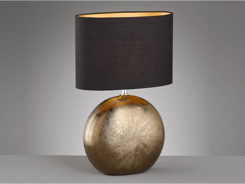 Meinewunschleuchte - led Tischlampe mit Keramikfuß Bronze Antik & Stoffschirm Schwarz Gold, Höhe 53cm