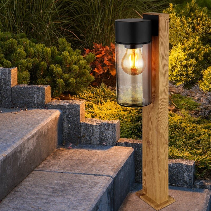 Thumbnail - Außenlampe Wegeleuchte Stehlampe, Moderne Stehleuchte, Landhaus, Holzoptik, Rauchglas, Edelstahl, schwarz, matt, 1x E27 ...