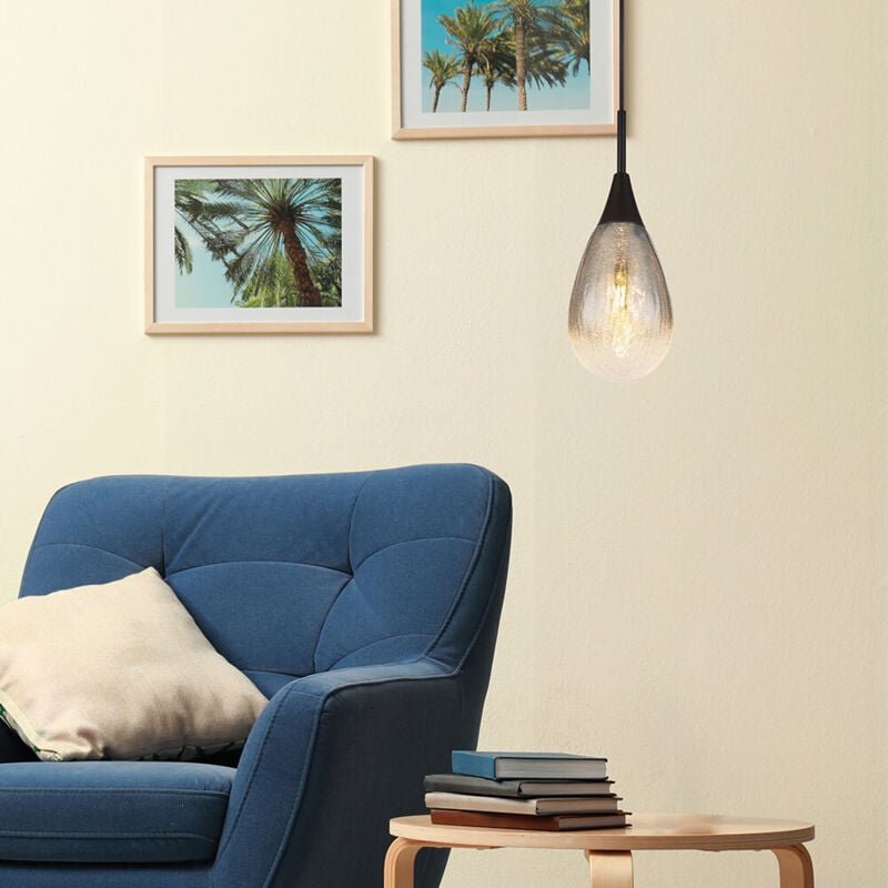 Pendellampe schwarz Wohnzimmerleuchte modern Esstisch, Glasschirme Tropfen, Metall, schwarz rauch,1x E14 , DxH 13x120 cm