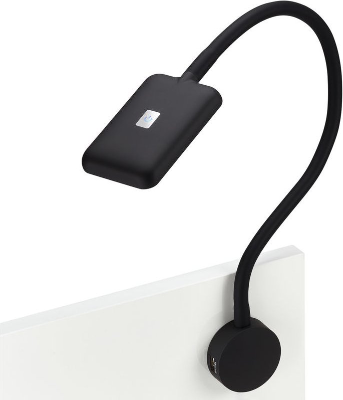 JUNKER Lighting LED Bettleuchte / Leseleuchte FIORE schwarz mit flexiblem Leuchtenarm, 2x USB Anschlüssen und Touchsenso...