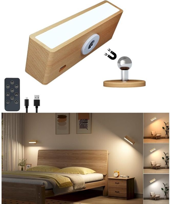 Nachttischlampe mit Fernbedienung, kabellose Wandleuchte aus Holz, USB-wiederaufladbare Innenlampe, berührungsempfindlic...