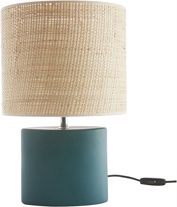 Tischleuchte aus Keramik in Petrolblau mit Lampenschirm aus naturfarbenem Bast H40 cm tiga