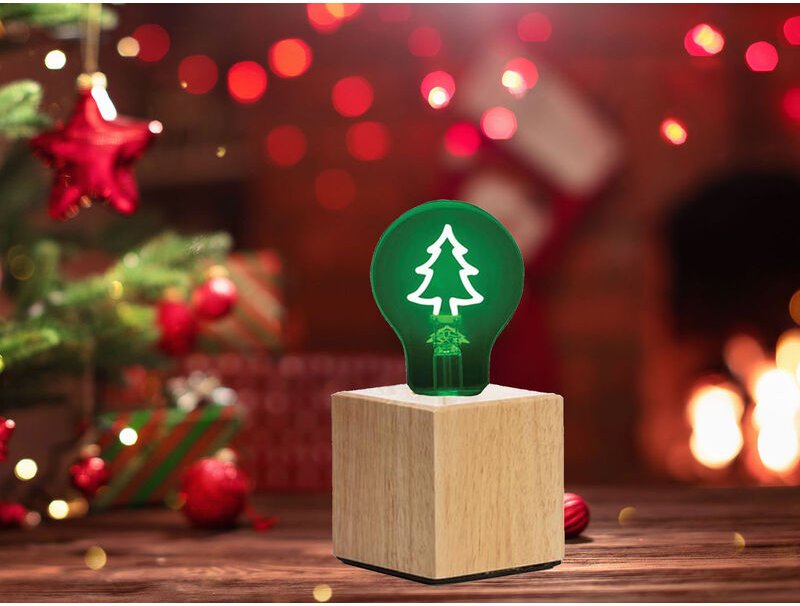 Meinewunschleuchte - Tischlampe Würfel Holz Eiche mit Deko led Glühbirne Tannenbaum, Quadrat 9cm