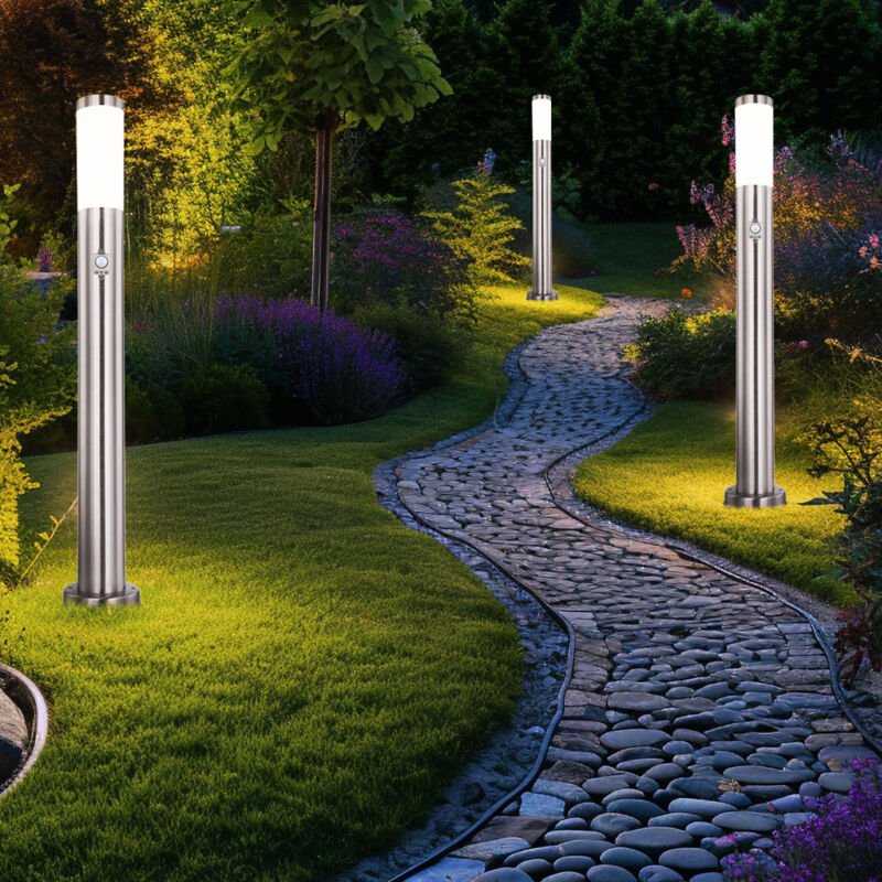 Stehleuchten Außen Edelstahl Bewegungsmelder Standleuchte Sockelleuchte Standlampe, Wegleuchte, Silber, h 110 cm, 3er Se...