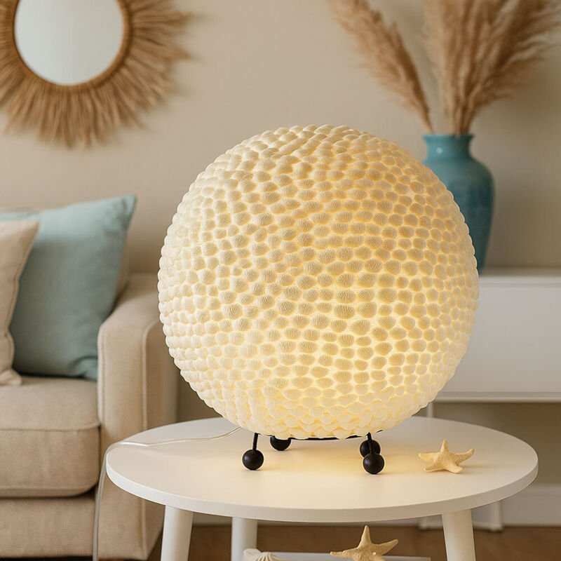 Kugeltischleuchte Tischlampe Metall Weiß Muschel Optik 25 cm Wohnzimmer Esszimmer Schlafzimmer