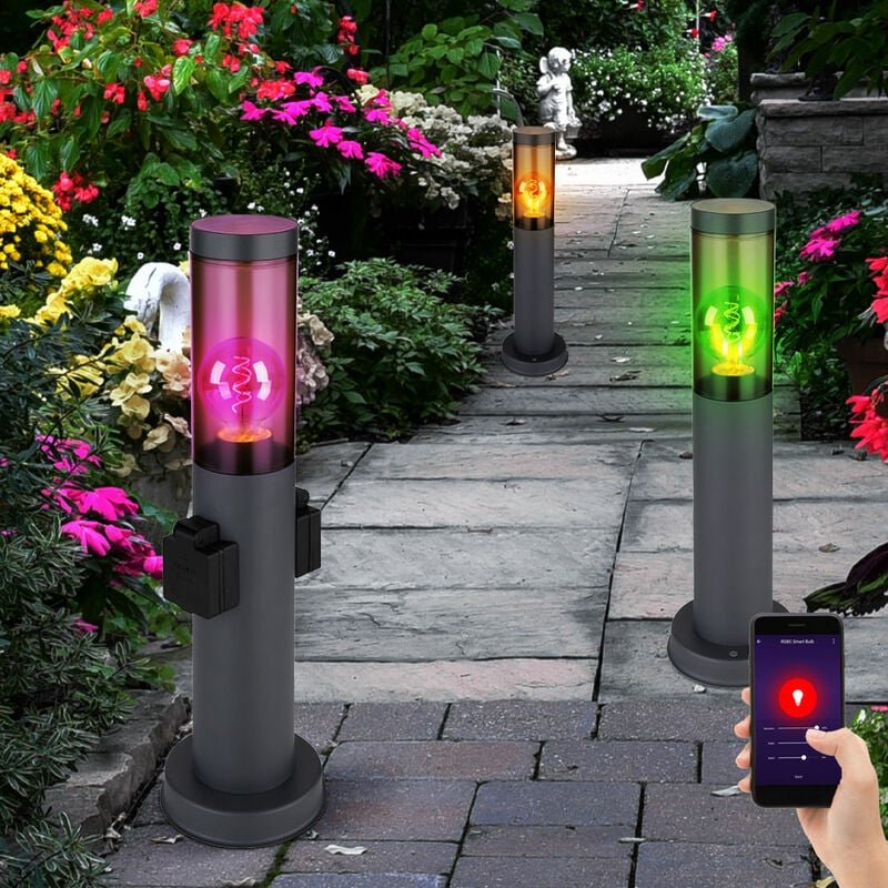 Stehleuchte mit Steckdose anthrazit Sockelleuchte Edelstahl Steckdosensäule mit Licht, rauch, App Steuerung, 1x Smart rg...