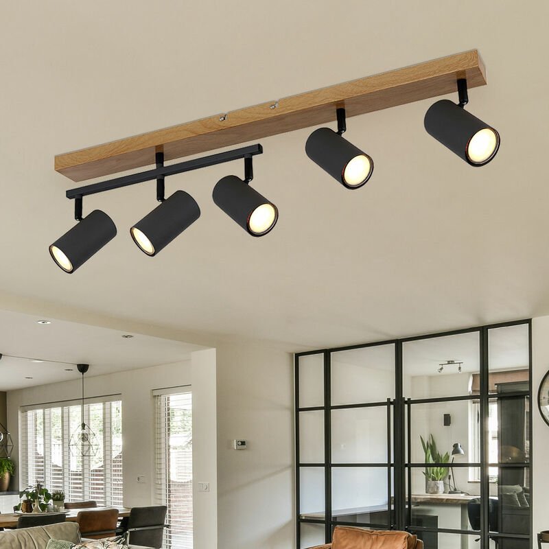 Thumbnail - Deckenleuchte Spots Holzoptik Esszimmer GU10 schwarz 5 Flammig drehbar Deckenlampe schwenkbar, Metall graphit, 5x GU10, ...