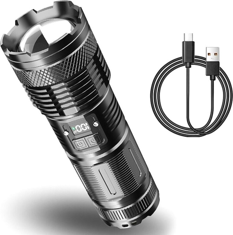 Extrem leistungsstarke LED-Taschenlampe mit eingebautem 18650 mAh Akku und digitaler LED-Ladeanzeige, geeignet für Campi...