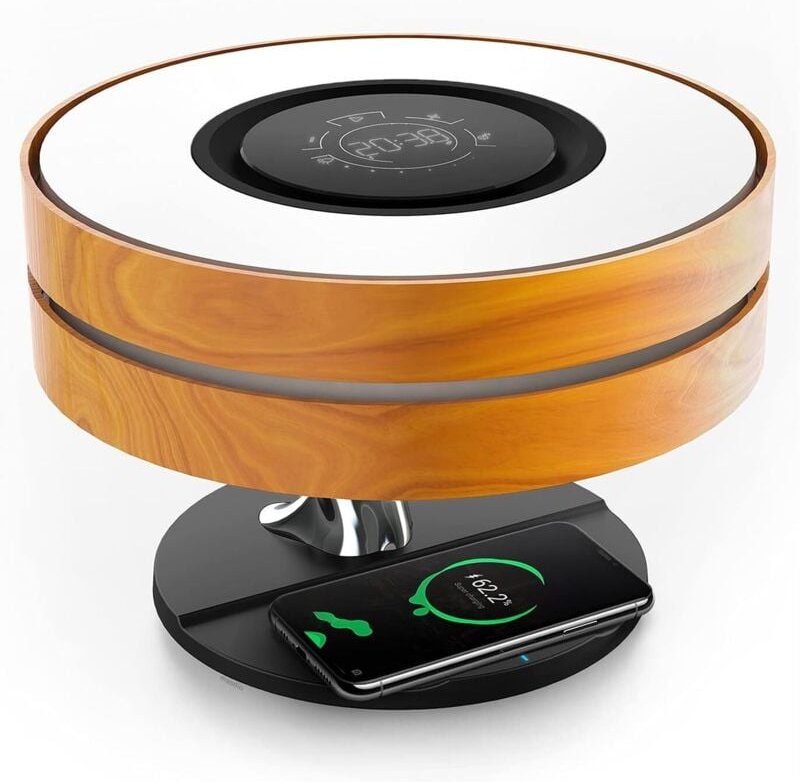 Nachttischlampe mit Bluetooth-Lautsprecher und kabellosem Ladegerät, Tischlampe mit Schlafmodus und stufenloser Dimmfunk...