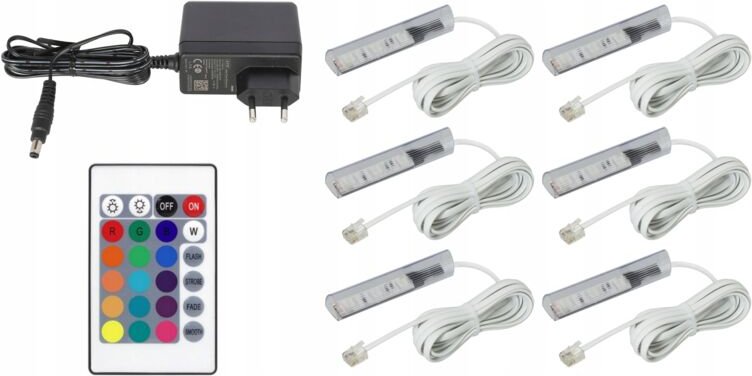 6 RGB-LED-Clips für Glasregale, Set mit Kabel, weiß