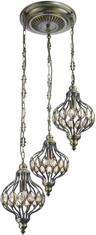 Inspired Diyas - Marisa - Dreifacher Deckenanhänger Round 3 Light E27 Antik Messing, Bernsteinkristall