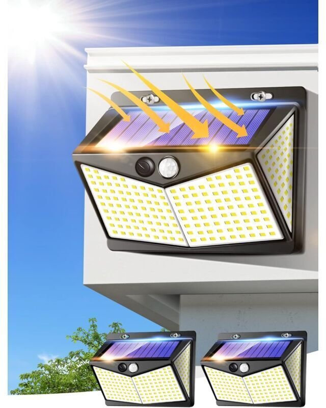 Solar-Außenleuchte, 208 LEDs, LED-Flutlicht mit Bewegungsmelder, IP65, Solar-LED-Außenstrahler, Außenbeleuchtung mit Sen...