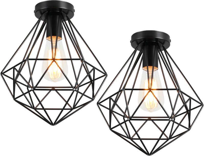 2 Stücke Moderne Deckenleuchte aus Metall Eisen Käfig E27 Deckenlampe für Schlafzimmer Küche Wohnzimmer Flur Ø26cm Schwa...