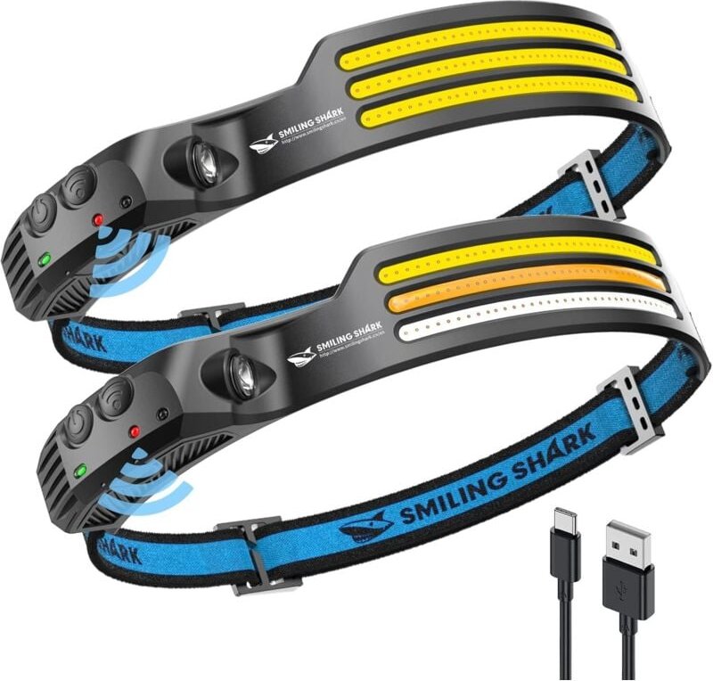 Smiling Shark-Stirnlampe, 2 Stück, 230° Weitwinkel, 3 x LED-Mehrfarben-Lichtstreifen, wiederaufladbar und wasserdicht, B...