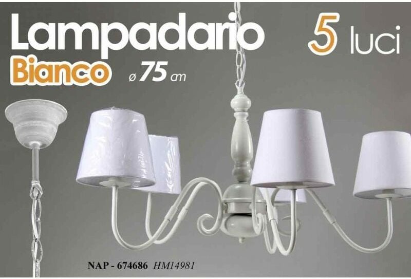 Shabby weißer Kronleuchter mit 5 Stofflampenschirmen cm 75