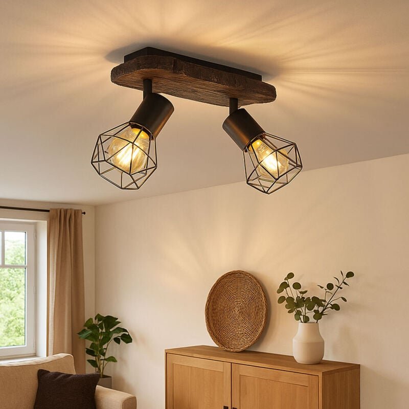 Deckenlampe Wohnzimmer Holzoptik Deckenstrahler 2 flammig Retro Geflecht Spots verstellbar, Metall Kunststoff, 2x E27 Fa...
