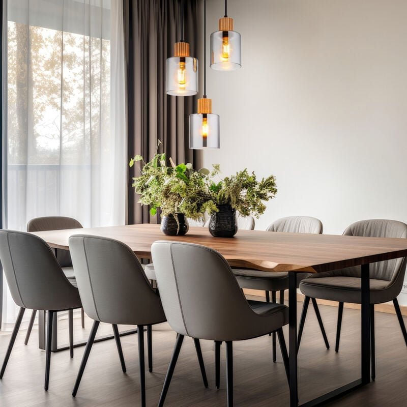 Pendelleuchte Hängelampe Esszimmerleuchte Holz Rauchglas schwarz E27 3-Flammig