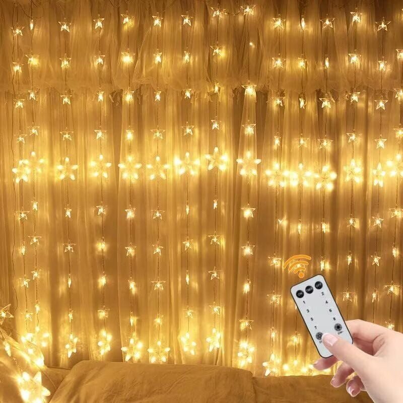 Thumbnail - 144 LEDs, 2 m x 1,5 m, anschließbarer Sternvorhang mit 8 Modi, ferngesteuerte Fensterlichterkette für Fensterdekoration,...