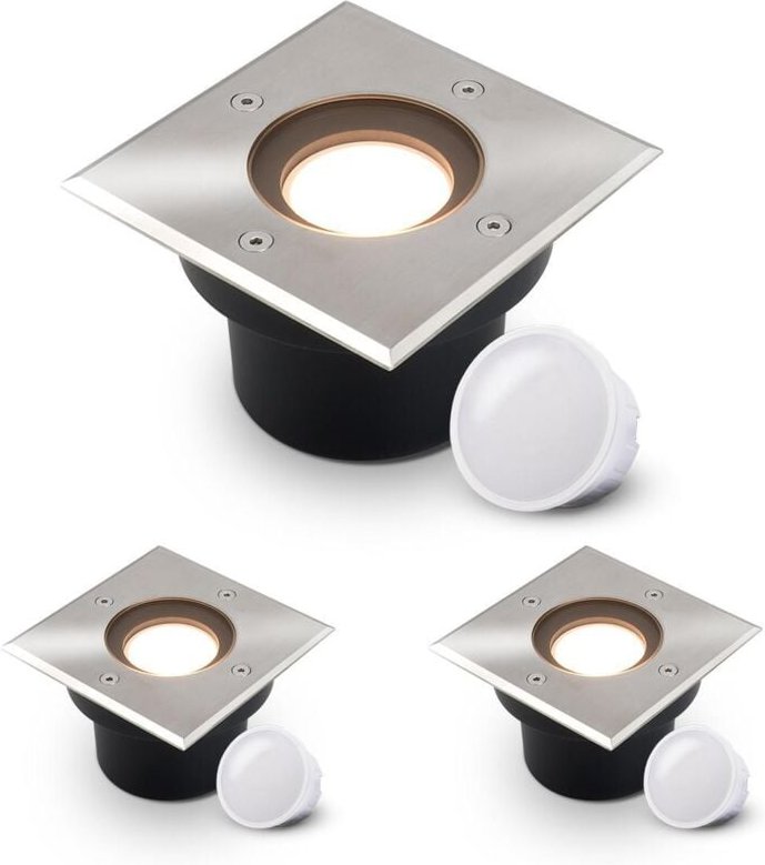 LED Bodeneinbaustrahler flach eckig Edelstahl 230V IP67 - Leuchtmittel: 5W 2700K DIMMBAR 120° - Anzahl: 3x