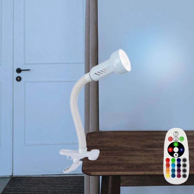 Klemmleuchte Flexo Schreibtischleuchte weiß Klemmlampe Leseleuchte beweglich, Fernbedienung dimmbar, 1x rgb led 4,8W 470...